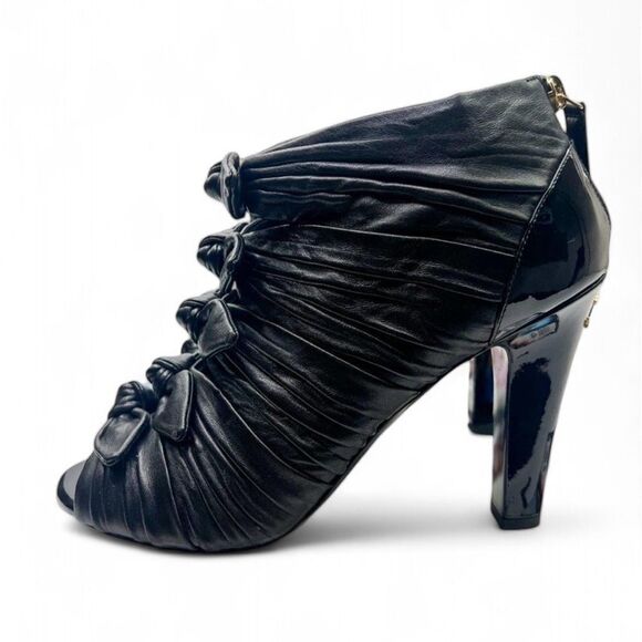 CHANEL Black Pleated Knotted Bow Detail Open Toe Ankle Booties Size EU38 - Picture 7 of 16
